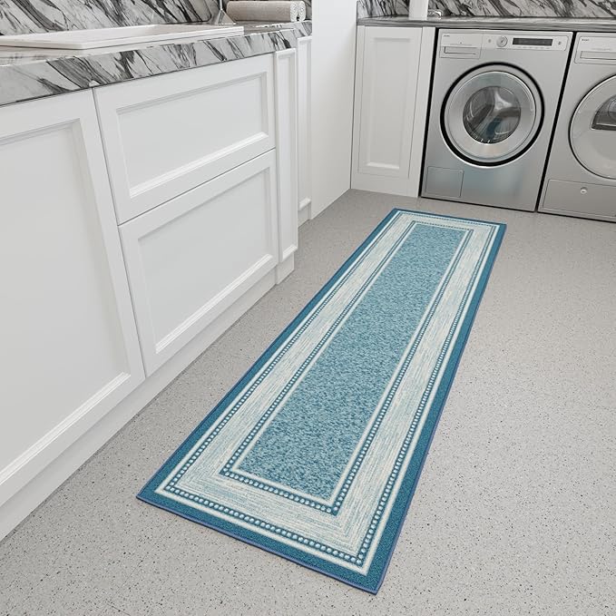 Ottomanson Hallway Runner Rug 1'10" x 7' Non Slip Border Area Rugs Easy to Clean Laundry Rug Runner Durable & Pet Friendly Floor Carpet Runners for Hallways Entryway Living Room Kitchen, Turquoise