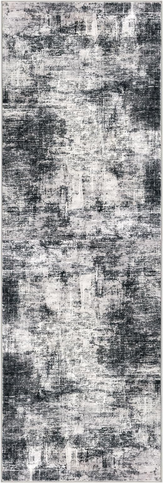 IOHOUZE Abstract Runner Rug 3x8 Ft Washable Runners for Hallways, Non Slip Kitchen Runner Printed Faux Wool Entryway Runner Indoor, Modern Abstract Floor Carpet for Hall Kitchen Bedroom, Black Grey