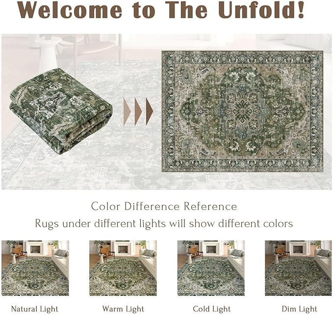 Washable Area Rug 8x10 - Large Moss Green Boho Rugs for Living Room Soft Vintage Bedroom Rug Ultra-Thin Distressed Oriental Carpet Stain Resistant Rug for Dining Room Guest Room Home Decor