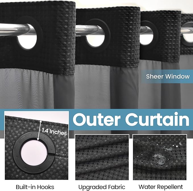 Long No Hook Shower Curtain with Snap in Liner,230GSM Waffle Weave Shower Curtains for Bathroom,71W x 80H(78"),Black