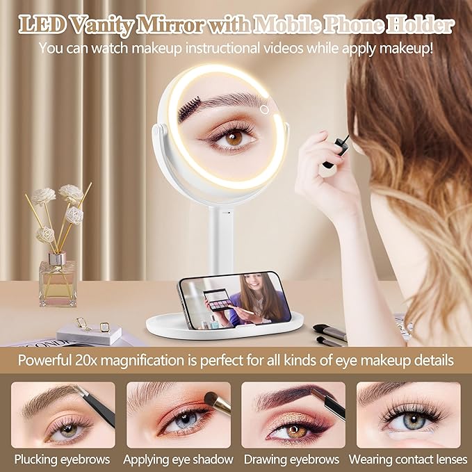 Makeup Mirror with Lights, Double Sided 1x/20x Magnifying Mirror with Light, Rechargeable 3 Color Lights and Adjustable Brightness, 360° Rotation Detachable Comes with Tweezer(White)