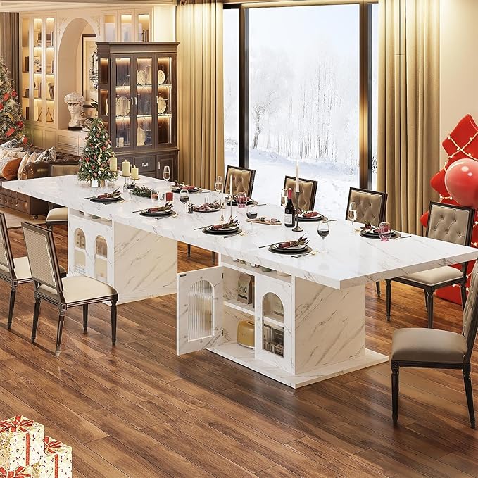 HSH Dining Table for 4–6, 63" Modern Kitchen Dining Room Table with Storage Shelves & Acrylic Door Cabinet,Wood Rectangle Dinner Table with Faux Marble Top for Home Apartment, White Faux Marble