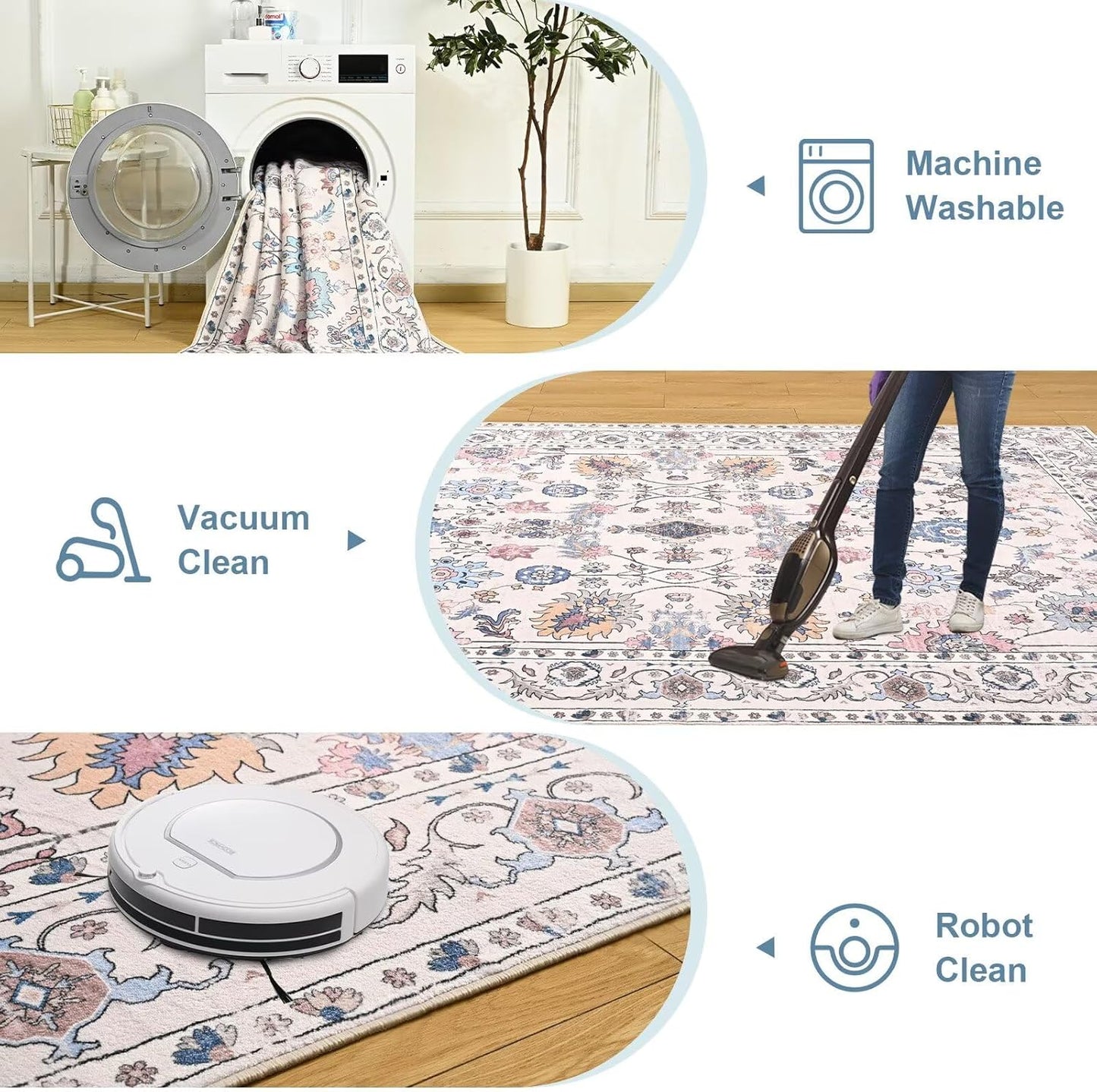 Vasofe 6x9 Rug for Bedroom, Washable Living Room Rugs for Dining Room, Cream Indoor Floor Mat, Vintage Floral Mats for Home Decor, Farmhouse, Laundry Room, Non Slip Low Pile Soft Modern Carpet