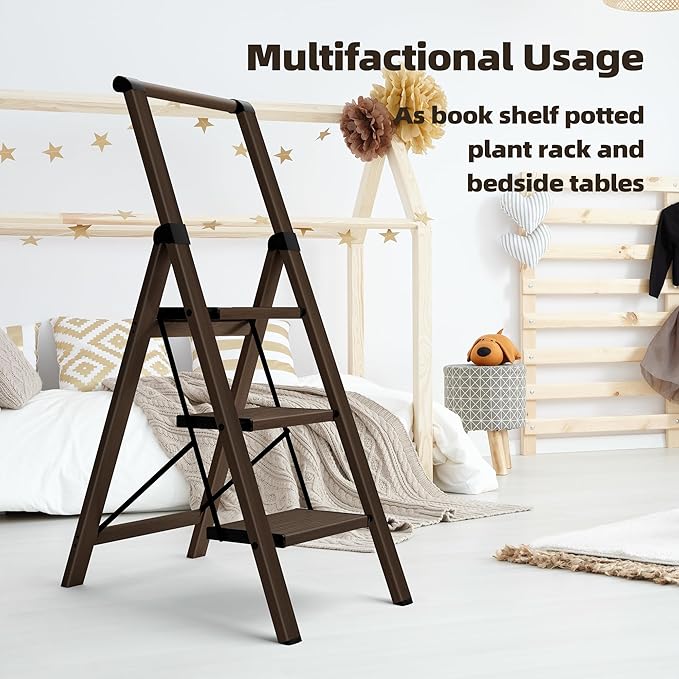 HillhutApex 3 Step Foldable Aluminum Step Ladder with Handgrip, Anti-Slip Pedal, 330lbs Capacity, Lightweight & Portable for Home, Kitchen, Office, Garage (Walnut)