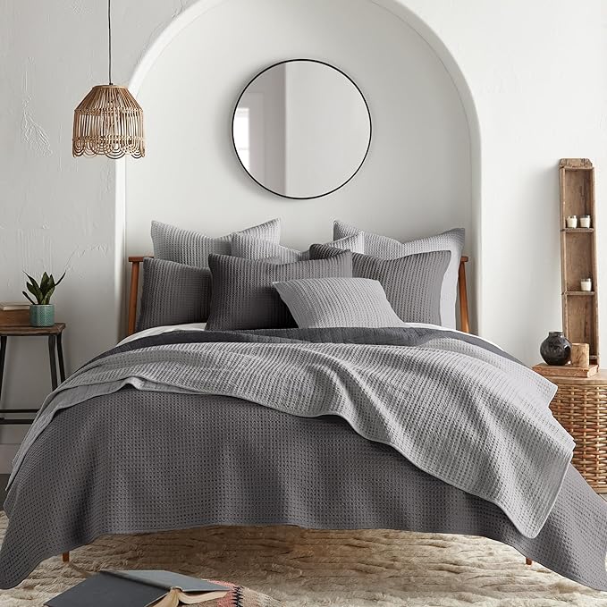 Levtex Home Mills Waffle Full/Queen Quilt Set (88x92in) with 2 Pillow Shams (26x20in) - Charcoal - 100% Cotton Full/Queen Size Quilt Bedding Set - Lightweight, Soft, Pre-Washed