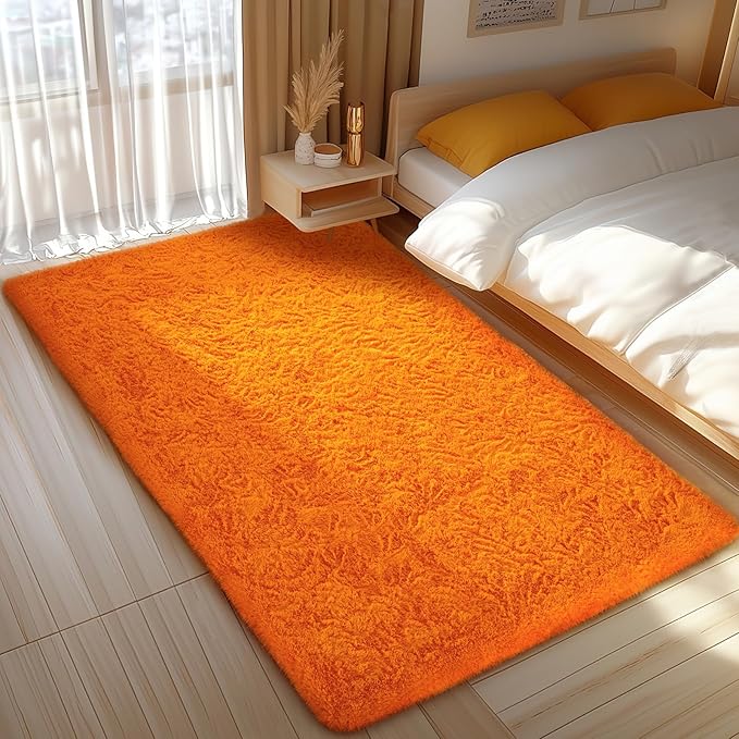 Ophanie Orange Fall Rugs for Bedroom Living Room, Fluffy Fuzzy Furry Carpet, Plush Soft Shaggy Bedside Indoor Floor 4x6 Area Rug for Kids Girls Boys Baby Teen Dorm Nursery Home Decor Aesthetic