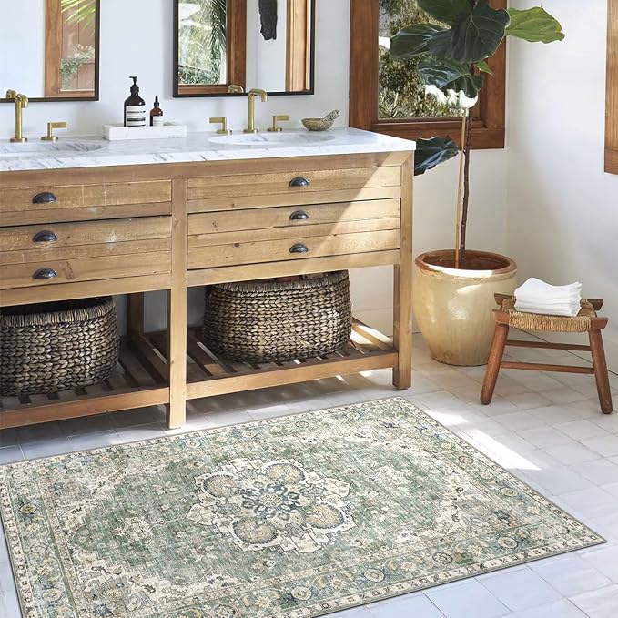 3x5 Washable Area Rug - Small Entryway Rug Non-Slip Sage Green Vintage Oriental Kitchen Rugs Low Pile Boho Carpet Throw Rugs for Living Room Bedroom Bathroom Entrance Dorm Office Home Decor