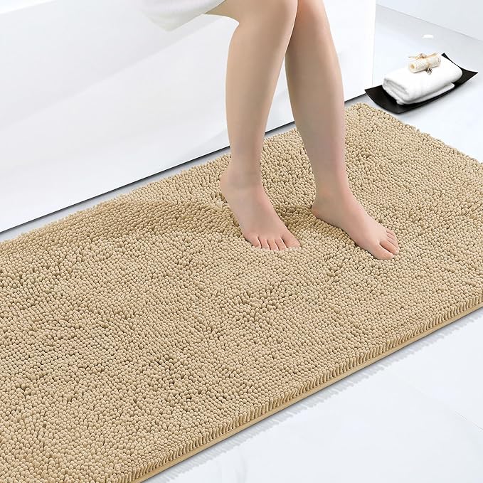 Smiry Luxury Chenille Bathroom Rugs 40x32, Extra Soft and Absorbent Shaggy Bath Mat, Machine Washable, Non-Slip Plush Carpet Runner for Tub, Shower, and Floor, Home Decor Accessories, Beige