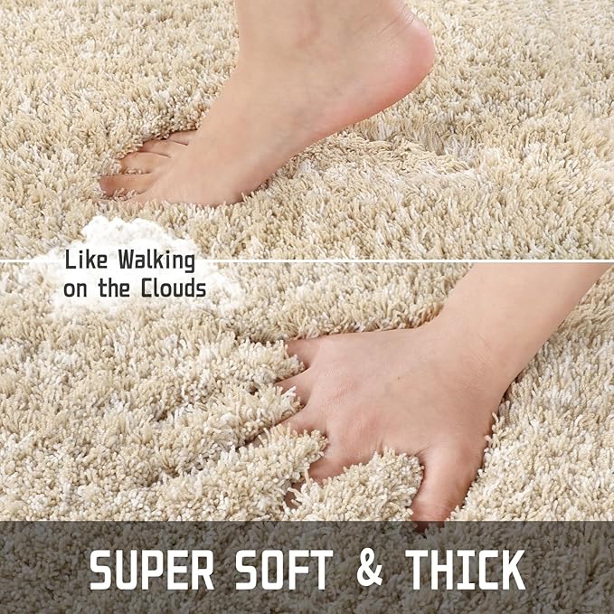 Yimobra Luxury Bathroom Rugs, Fluffy Bath Mats, Non Slip, Water Absorbent Microfiber, Machine Washable, Plush Runner Shower Rugs, Thick Matts for Bathroom Floor/Tub, 56"x 24", Light Beige and White