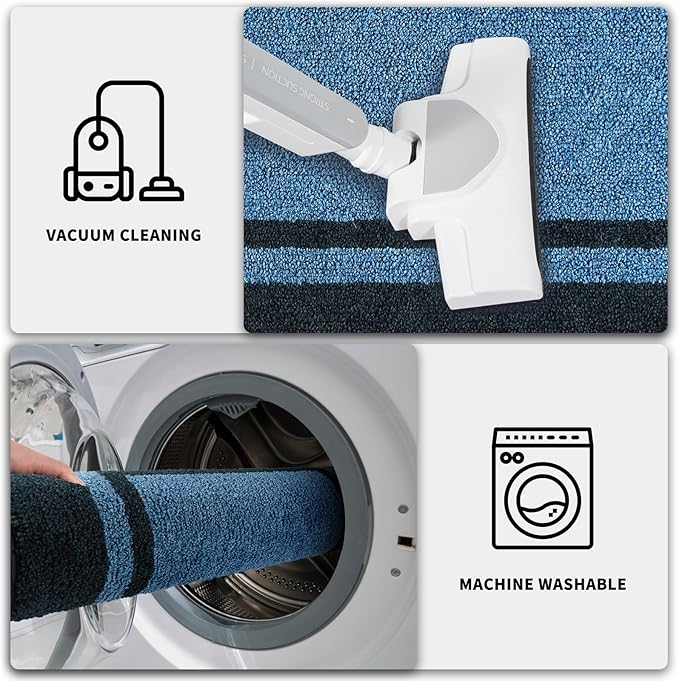 PURRUGS Dirt Trapping Door Mat 34" x 60", Non-Slip/Skid Machine Washable Entryway Rug, Shoes Scraper, Area Rug, Super Absorbent Welcome Mat for Muddy Wet Shoes and Paws, Light Blue & Navy