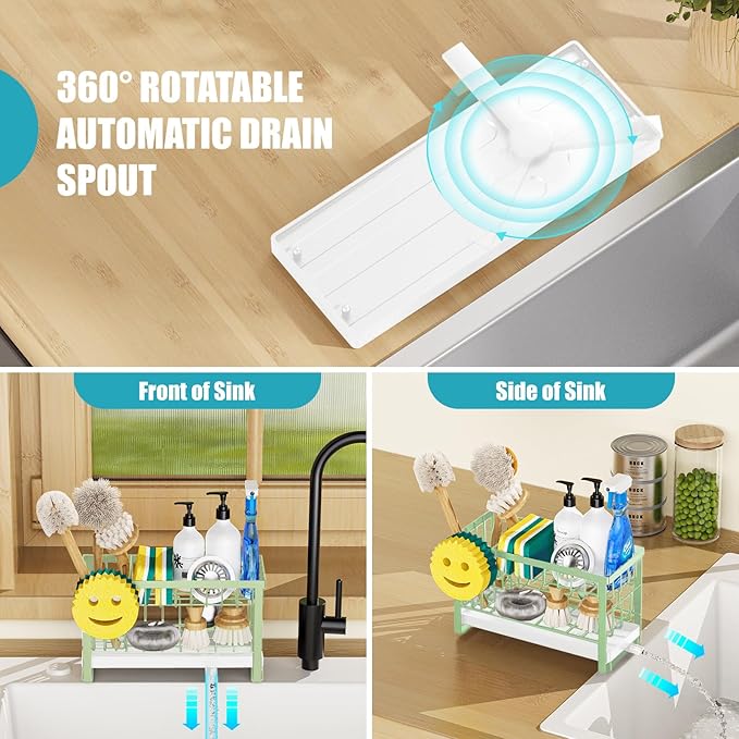 Sponge Holder for Kitchen Sink with Flexible Sink Caddy Smiley Face,2 Tier Kitchen Sink Organizer Countertop and Storage Essentials,Soap Dispenser Organize,Home Decor Accessories-Green