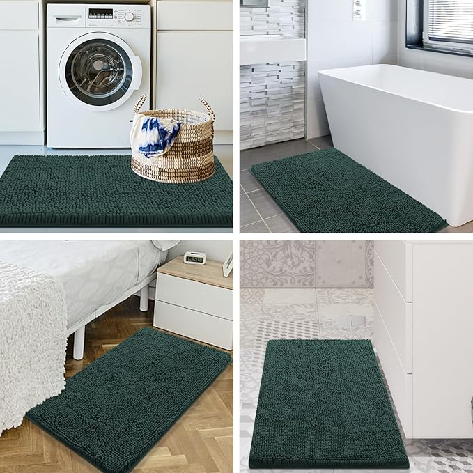 Smiry Luxury Chenille Bathroom Rugs 36x24, Extra Soft and Absorbent Shaggy Bath Mat, Machine Washable, Non-Slip Plush Carpet Runner for Tub, Shower, and Floor, Home Decor Accessories, Green