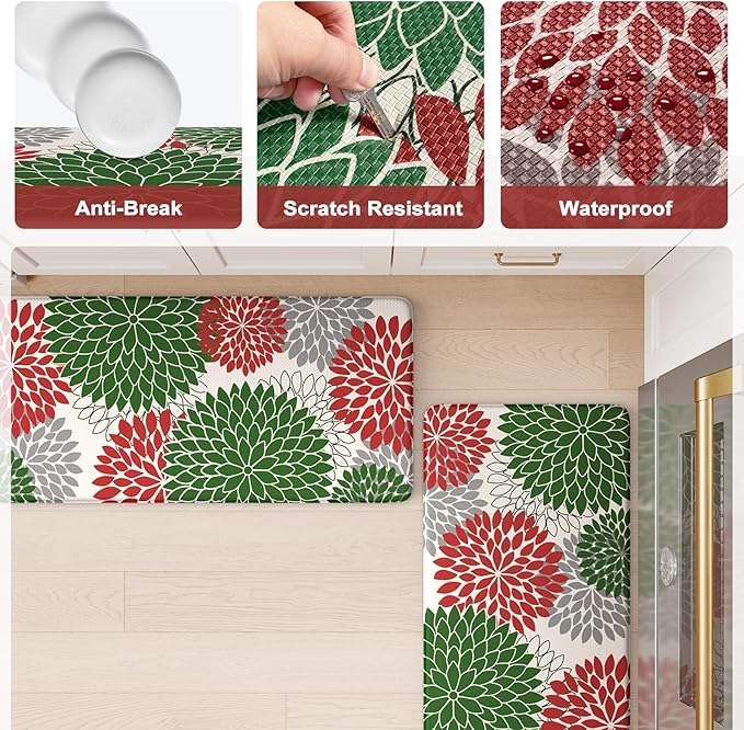KIMODE Farmhouse Christmas Kitchen Rugs, Anti Fatigue Kitchen Mats for Floor 2 Piece, Memory Foam Kitchen Floor Mats Non Slip for Christmas Kitchen Decor Laundry Office Sink Red/Green 17"x47"+17"x29"