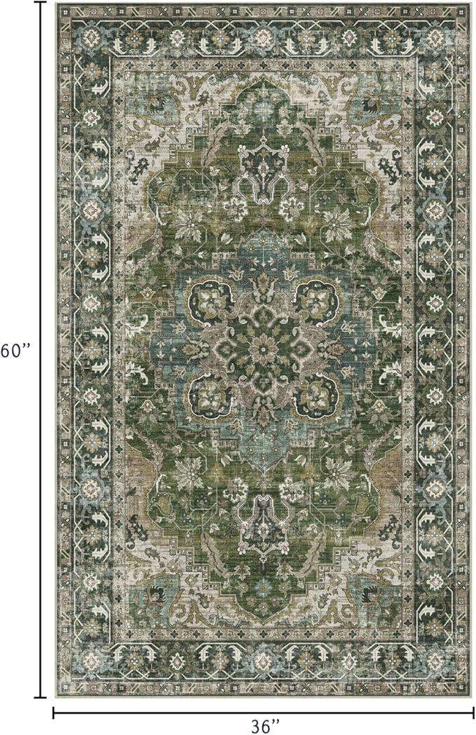 3x5 Washable Area Rug - Small Entryway Rug Non-Slip Moss Green Vintage Oriental Kitchen Rugs Low Pile Boho Carpet Throw Rugs for Living Room Bedroom Bathroom Entrance Dorm Office Home Decor