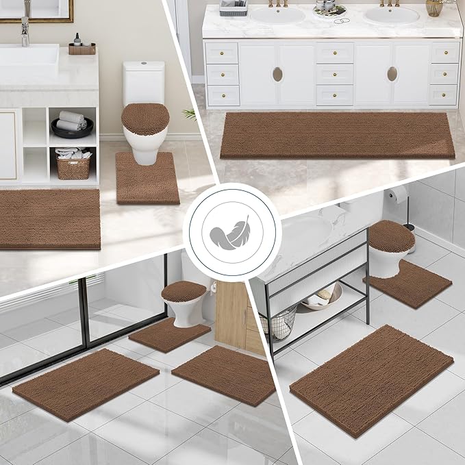 Smiry Luxury Chenille Bathroom Rugs 30x20, Extra Soft and Absorbent Shaggy Bath Mat, Machine Washable, Non-Slip Plush Carpet Runner for Tub, Shower, and Floor, Home Decor Accessories, Mocha