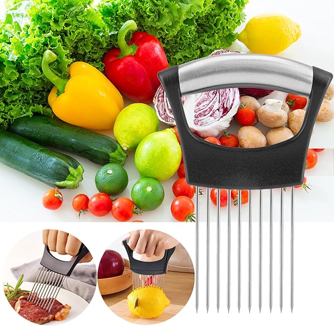 JAYVAR Onion Holder for Slicing, Onion Cutter Vegetable Chopper, Stainless Steel Tomato Slicer Vegetable Cutter for Potato, Avocados, Eggs, Food Slicer Assistant Tool for Fruit Lemon and Meat