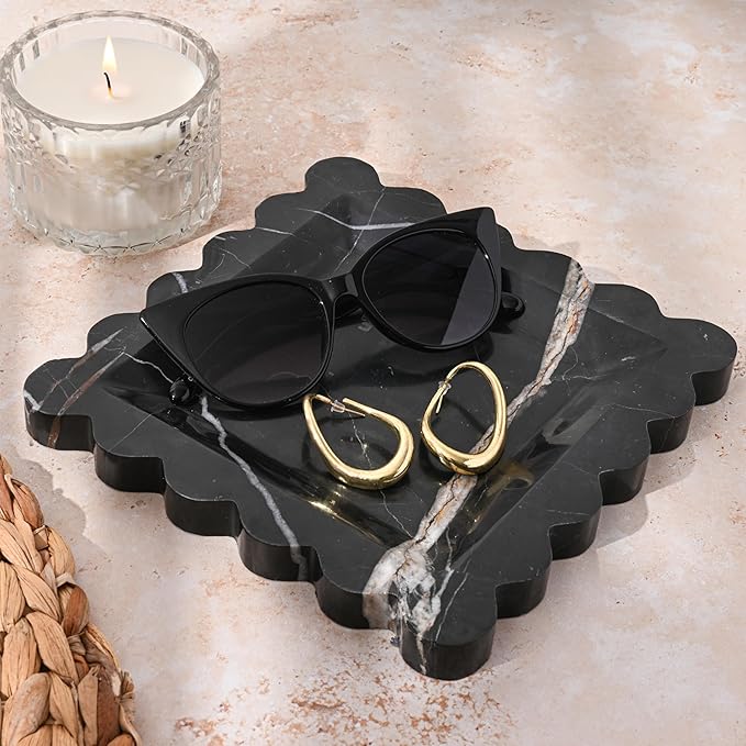 Marble Home Accessory Tray, Elegantly Designed Multi-Purpose Tray, Decorative and Versatile for Living Room, Bathroom, Office, Kitchen (Black Marquina)
