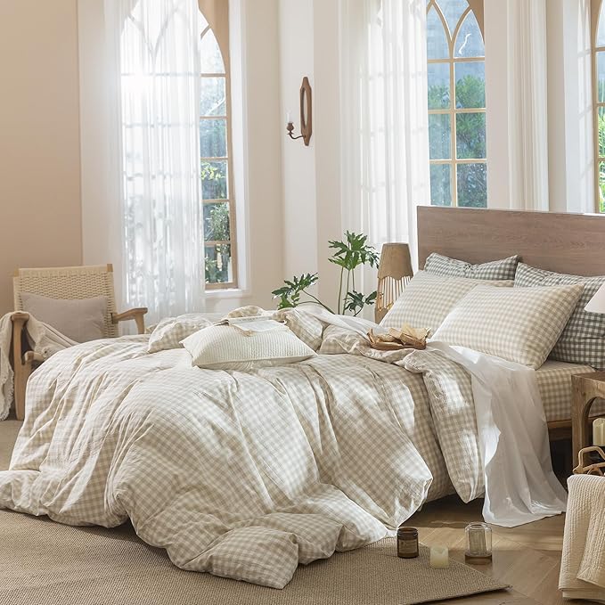 MooMee Gingham Duvet Cover Set 100% Washed Cotton Linen Like Textured Breathable Durable Soft Comfy Modern Checkered Design (Almond Milk Grey Gingham, Twin 68"x90")