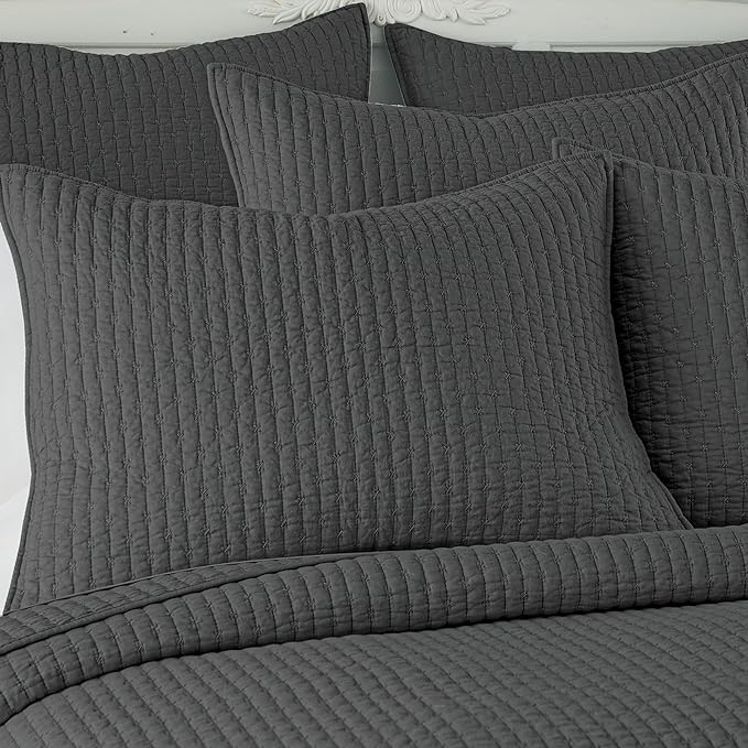 Levtex Home Cross Stitch Reversible King Bedspread Set (120x104in) with 2 Pillow Shams (36x20in) - Stitch Texture - Charcoal - Cotton King Size Bedspread Set - Soft, Pre-Washed