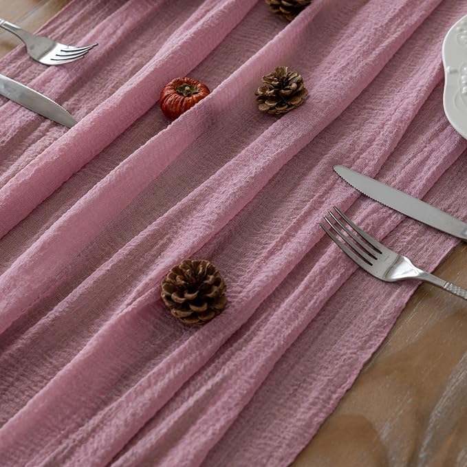 Table Runner Dusty Rose Cheesecloth Gauze 120 Inch 10 FT Rustic Boho Cheese Cloth Runner for Wedding Baby Shower Bridal Shower Garden Party Sheer Home Decorations