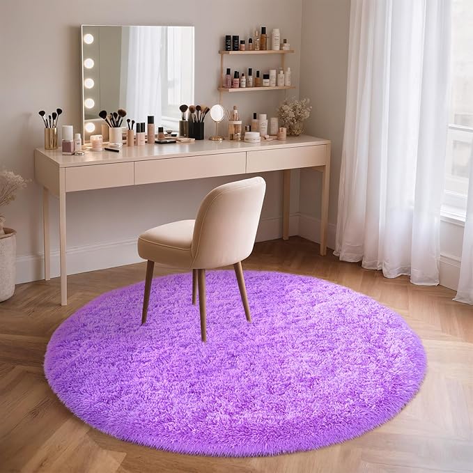 Purple Round Rug for Bedroom, 4Ft Fluffy Circle Area Rugs for Living Room, Shag Fuzzy Carpet for Kids Room, Nursery, Dorm, Classroom, Teen, Cute Baby Play Mat Home Decor Aesthetic