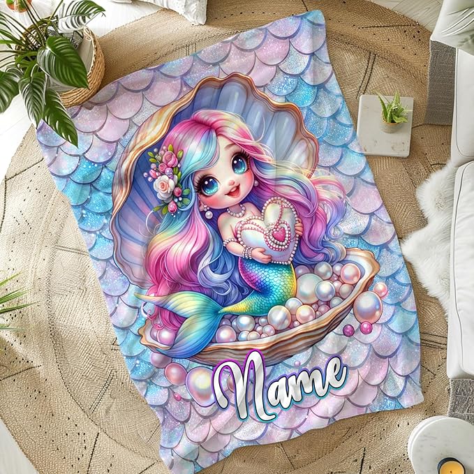 Kids Blanket for Girls Women Personalized Mermaid Blanket for Gift, Warm Cozy Throw Blankets for Living Room Bed Sofa Travel