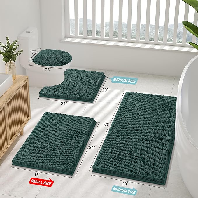 Smiry Luxury Chenille Bathroom Rugs 36x24, Extra Soft and Absorbent Shaggy Bath Mat, Machine Washable, Non-Slip Plush Carpet Runner for Tub, Shower, and Floor, Home Decor Accessories, Green