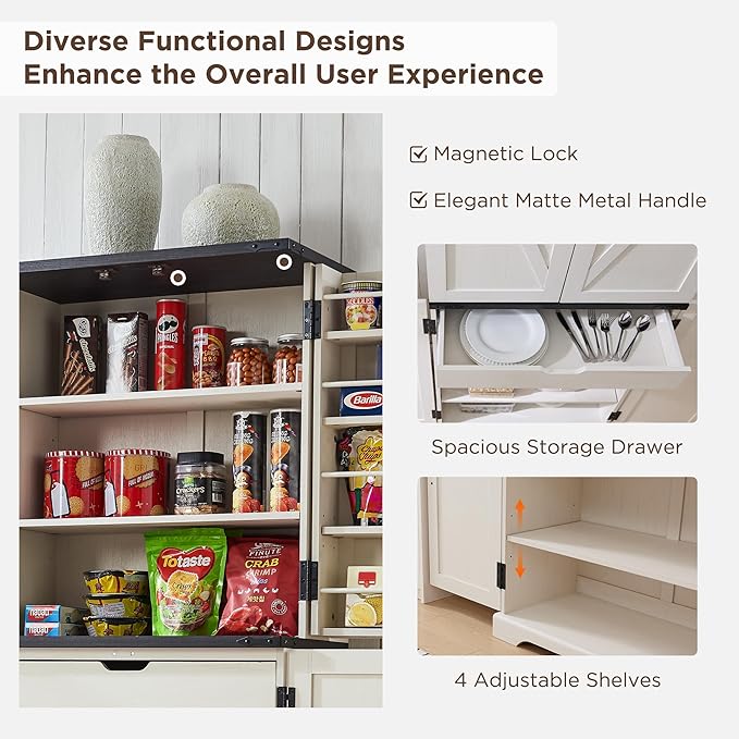 72" Tall Kitchen Pantry, Farmhouse Storage Cabinet with Barn Doors, Organizer, Drawer and Adjustable Shelves, Rustic Wood Cupboard for Kitchen, Dining Room, Bathroom, Off White