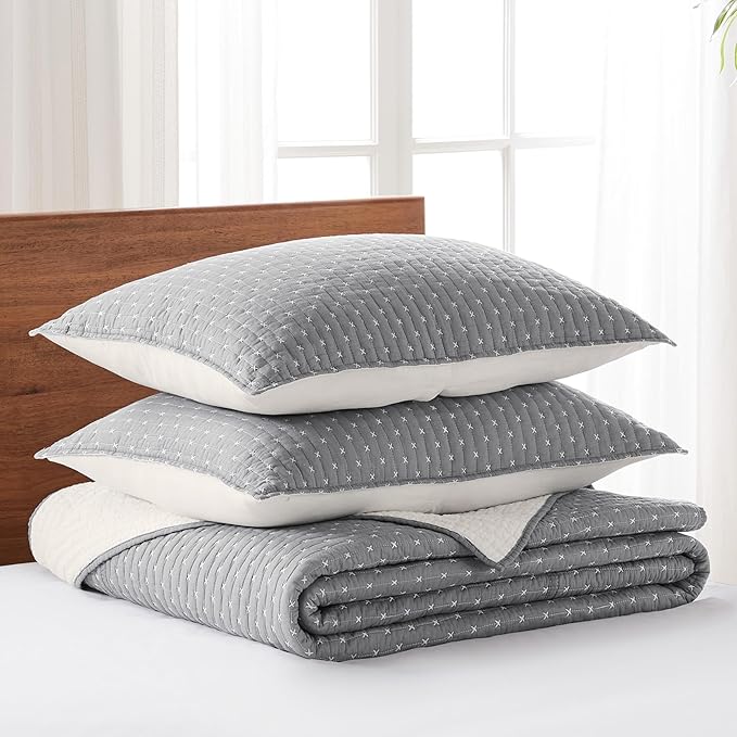 Levtex Home Cross Stitch Reversible Twin Bedspread Set (84x104in) with 1 Pillow Sham (26x20in) - Stitch Texture - Grey and White - Cotton Twin Size Bedspread Set - Lightweight, Soft, Pre-Washed