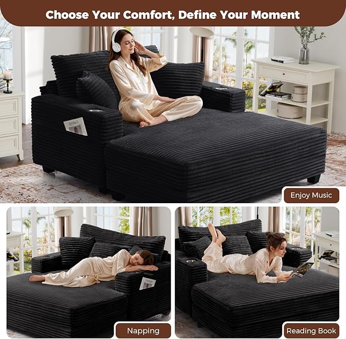 HUSFU 60'' Oversized Chaise Lounge Chair Indoor, Fluffy Plush Faux Fur Upholstered Sleeper Sofa Bed, Chaise Lounge Reading Chairs w/USB&Type C Port, Cozy Lazy Couch for Living Room, Black