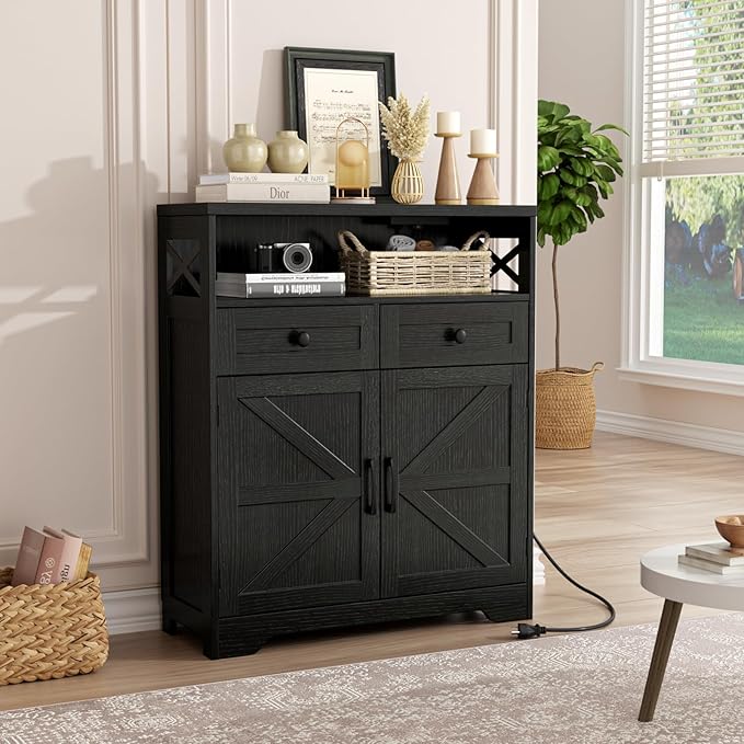 31.5" Black Storage Cabinet with Drawers and Shelf, Farmhouse Sideboard Buffet with Storage, Kitchen Pantry Hutch, Coffee Bar Cabinet Station Table for Kitchen, Living, Dining Room
