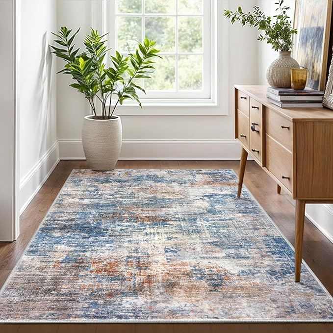 IOHOUZE Abstract Area Rug 4x6 Ft Washable Rugs for Entryway Indoor, Non Slip Small Living Room Rugs Printed Faux Wool Throw Rug, Floor Carpet for Kitchen Nursery Playroom, Blue Rust