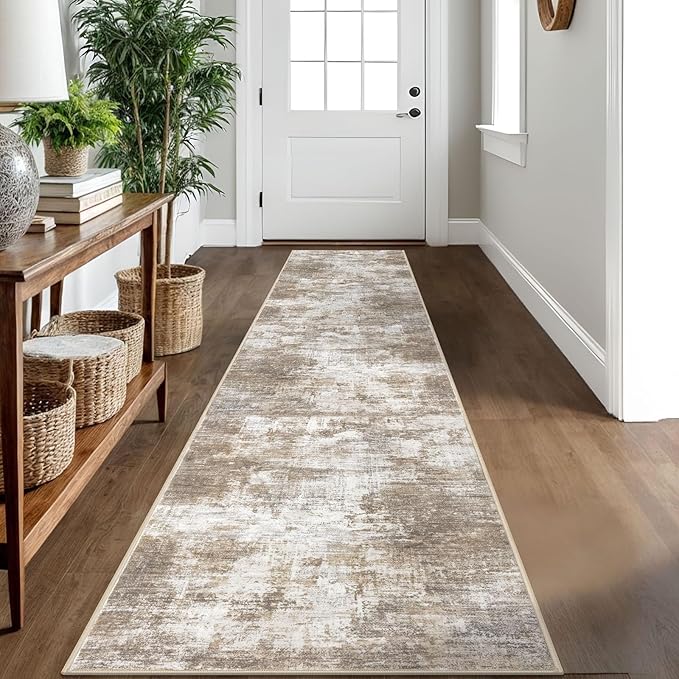 IOHOUZE Abstract Runner Rug 2x10 Ft Washable Runners for Hallways, Non Slip Kitchen Runner Printed Faux Wool Entryway Runner Indoor, Modern Abstract Floor Carpet for Hall Kitchen, Beige Brown