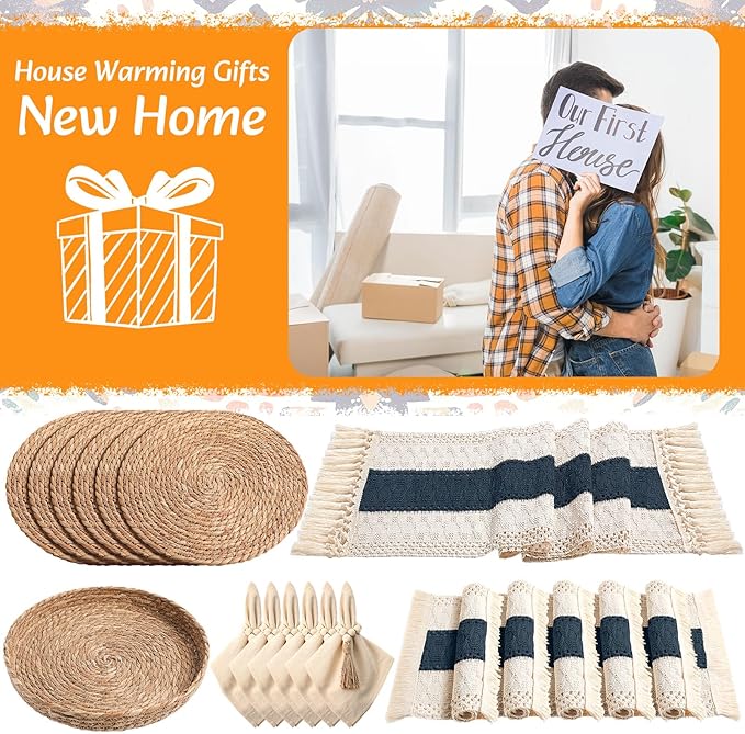 6 Sets Boho Placemats Round Woven Placemats, Cloth Napkins, Wood Bead Napkin Rings, Long Table Runner and Farmhouse Rustic Natural Burlap Cotton for Kitchen Dining Table Home (Blue)