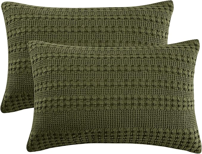 PHF 100% Cotton Waffle Pillow Shams King Size, 2 Pack 20" x 36" Soft Skin-Friendly Pillowcases, No Filling, Aesthetic Woven and Breathable Waffle Weave Pillow Case Covers for Bed, Capulet Olive