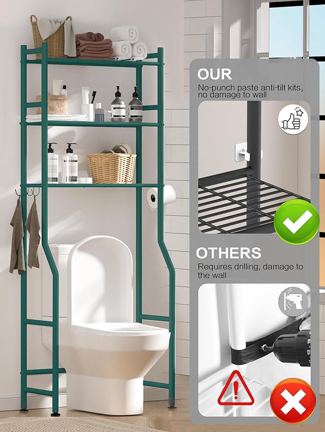 3 Tier Over The Toilet Storage Rack with 2 Basket, Metal Freestanding Bathroom Shelves Toilet with Paper Holder and 4 Hooks, Over Toilet Storage Shelf for Bathroom Storage, Green