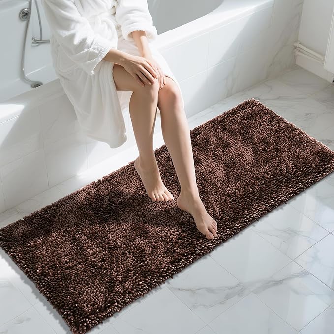 Yimobra Long Bathroom Rugs Runner 60x24 Inch, Extra Thick Soft Absorbent Chenille Bath Mat, Non Slip Machine Washable, Quick Dry Bath Rugs for Bathroom Floor, Tub and Shower, Brown