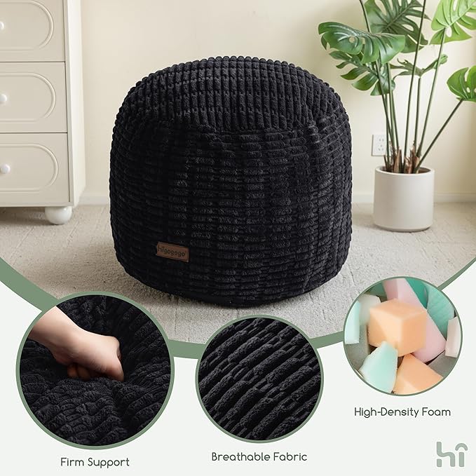 HIGOGOGO Pouf Ottoman Stuffed Round Modern Foam Filled Foot Rest Poufs for Living Room Chair Decorative 26 X 18 Inches Boho Relax Stool for Wedding Christmas Party, Black