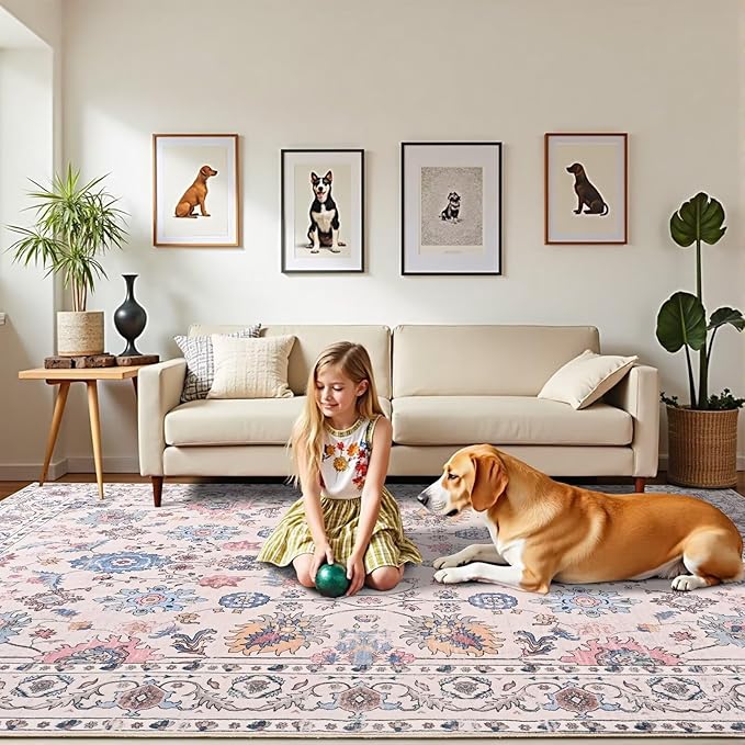 Vasofe 4x6 Rug for Bedroom, Washable Living Room Rugs for Dining Room, Cream Indoor Floor Mat, Vintage Floral Mats for Home Decor, Farmhouse, Laundry Room, Non Slip Low Pile Soft Modern Carpet