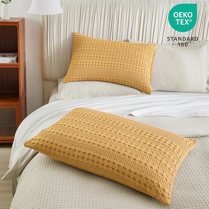 PHF 100% Cotton Waffle Pillow Shams Standard Size, 2 Pack 20" x 26" Soft Skin-Friendly Pillowcases, No Filling, Aesthetic Woven and Breathable Waffle Weave Pillow Case Covers for Bed, Honey Yellow