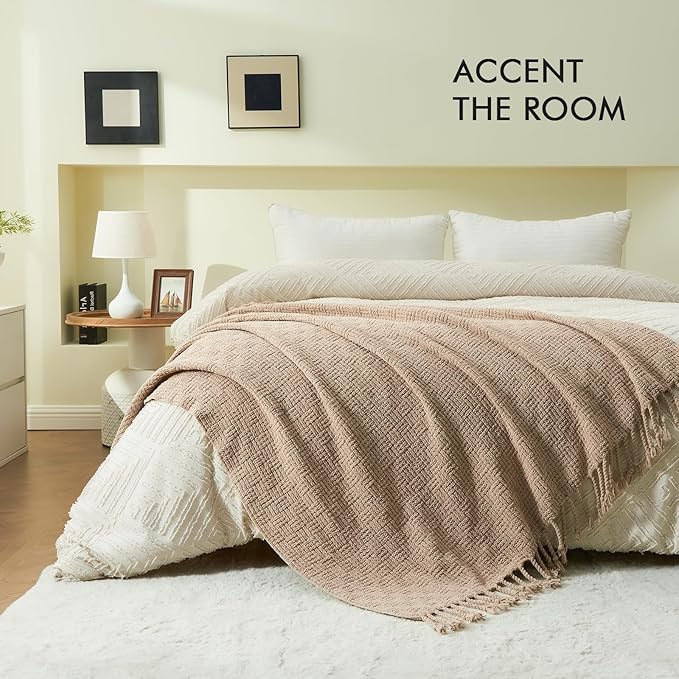 lifein Throw Blanket for Couch - Boho Throw Blanket, Knit Woven Blanket, Soft Decorative Blankets&Throws with Tassels for Bed,Sofa,Chair,Home Decor (Beige, 50 * 60, Waffle)