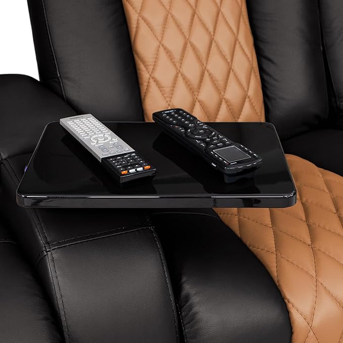 Seatcraft Diamante - Home Theater Seating - Living Room - Power Recline - Italian Leather - Powered Headrests - Cupholders - USB Charging - Ambient Lighting - Arm Storage, Black/Tan Oak, Row of 3