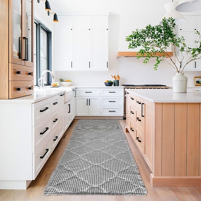 ZALL Waffle Bath Mat,Super Absorbent Non Slip Bathroom Rug,Grey 24X72inch, Geometric Diamond Machine Washable Ultra Soft Floor Mats Gray