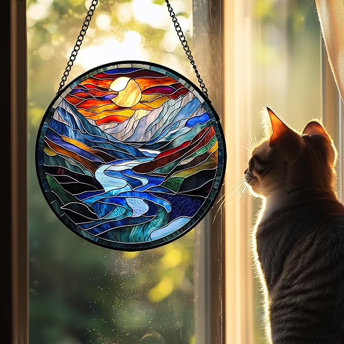 Stained Glass Window Hanging, Canyon Mountains Sunset View Sun Catcher for Window Home Decor Landscape Suncatcher Mother's Day Birthday Gifts for Women Men Mom and Nana 11.8 in