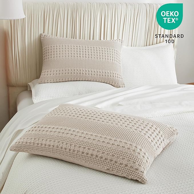 PHF 100% Cotton Waffle Pillow Shams Queen Size, 2 Pack 20" x 30" Soft Skin-Friendly Pillowcases, No Filling, Aesthetic Woven and Breathable Waffle Weave Pillow Case Covers for Bed, Oatmeal