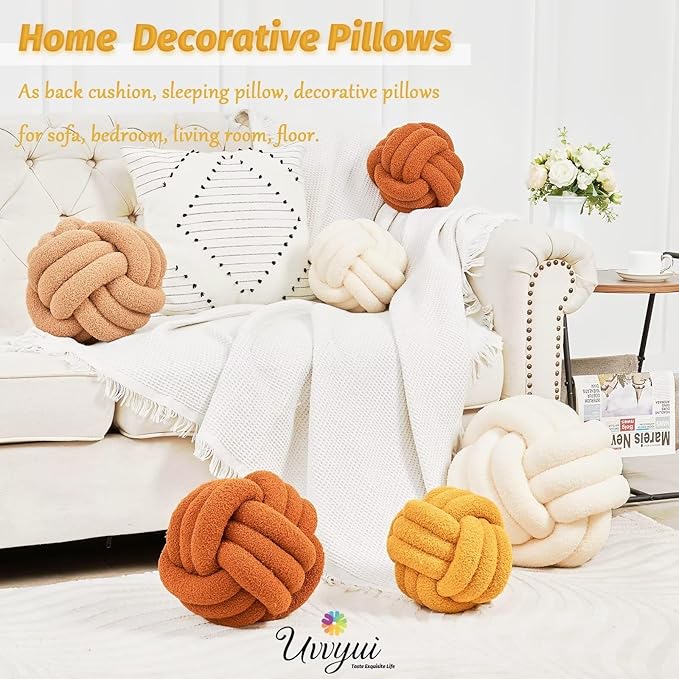 Uvvyui Knot Pillow Ball, Soft Home Decorative Pillows, Round Throw Pillow, Handmade Knotted Plush Pillow, Round Boucle Pillow Cushion (8.6 Inches Dark Yellow)