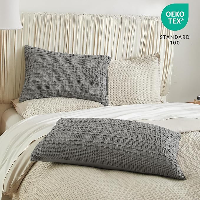 PHF 100% Cotton Waffle Pillow Shams Queen Size, 2 Pack 20" x 30" Soft Skin-Friendly Pillowcases, No Filling, Aesthetic Woven and Breathable Waffle Weave Pillow Case Covers for Bed, Dark Grey
