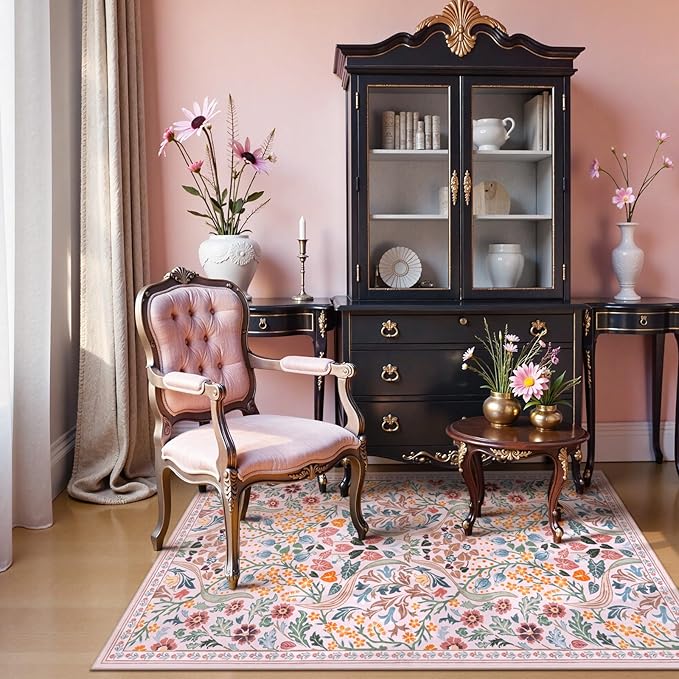 Lahome Floral Pink Boho 3x5 Rugs, Small Floral Dorm Rugs for Girsl Bedside, Washable Flower Botanical Throw Rug for Nursery Kids Room, Soft Non Slip Easy to Clean Door Mat for Entryway