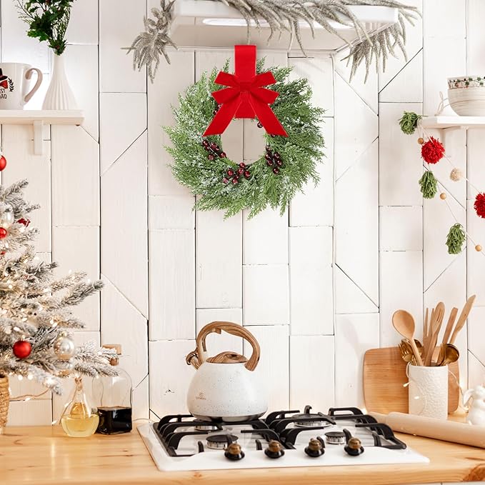 4 Pcs Small Christmas Norfolk Wreaths 15 Inch Christmas Kitchen Cabinet Mini Wreath Real Touch with Bow Ribbon Cedar Red Berry for Xmas Front Door Window Chair Fireplace Table Pillar Farmhouse Decor
