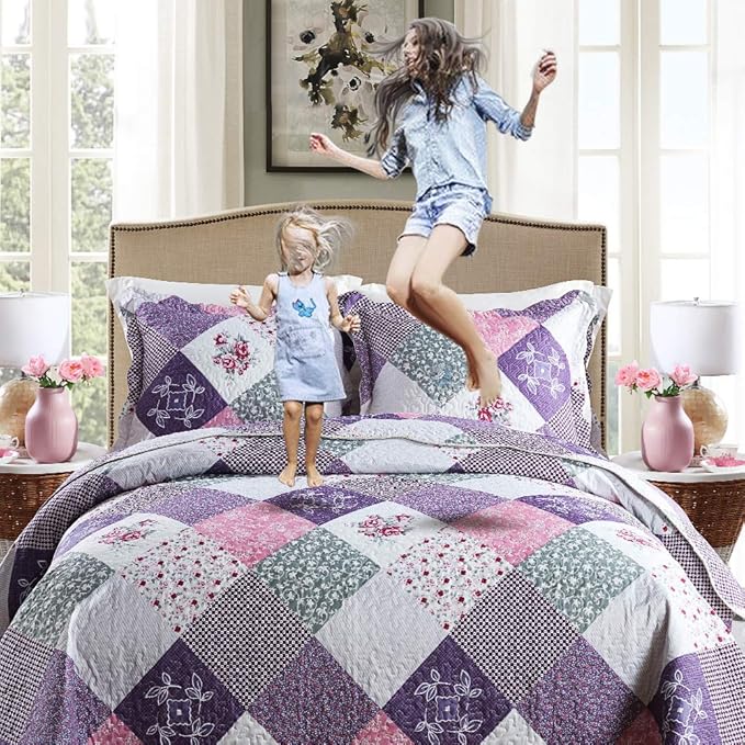 NEWLAKE Quilt Bedspread Sets-Floral Checkered Pattern Reversible Coverlet Set,Queen Size